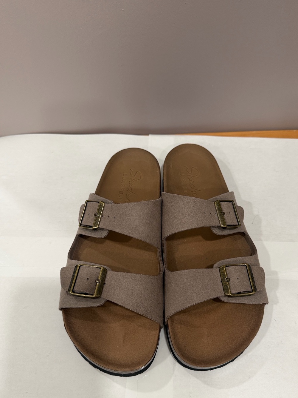 Skechers Luxe Foam Women’s Taupe Double-Buckle Slide Sandals Size 8